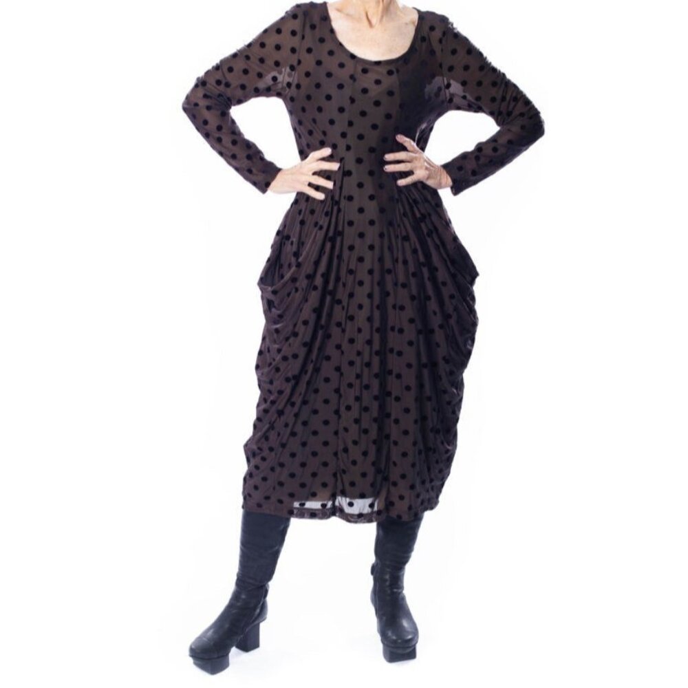 NWT Alembika Dress Womens 10-12 Brown Polka Dot Tulip Sheet Velvet Lagenlook 3